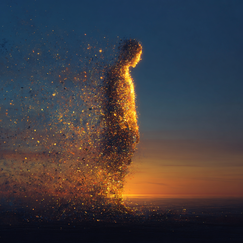 Last Glance — A human figure dissolving into radiant golden light
